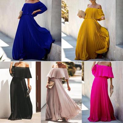 2025 Cross-Border Spring/Summer Women's Sexy Off-Shoulder Pleated Chiffon Maxi Dress