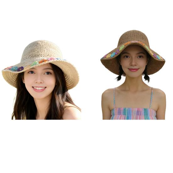 Beach Hat Hollow Design Large Eaves UV Blocking Colorful Flower Decoration Sun Protection Hat Portable Hand-Crocheted Straw Hat