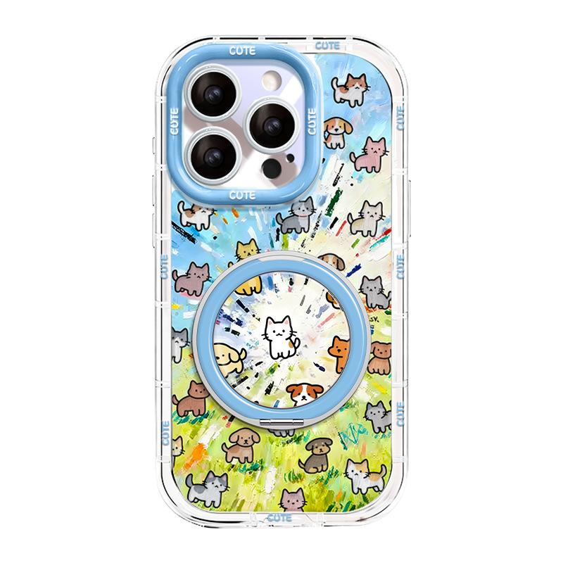 Grass Cat and Dog Suitable for Apple 17promax Mobile Phone Case Iphone15 Feather Yarn 16 Rotating Bracket 14 Cute 13