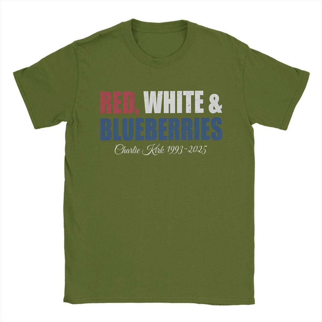 Red White & Blueberries Charlie Kirk Men T Shirt 2025 Memorial Freedom Tees Short Sleeve Round Collar T-Shirt Cotton Gift merch