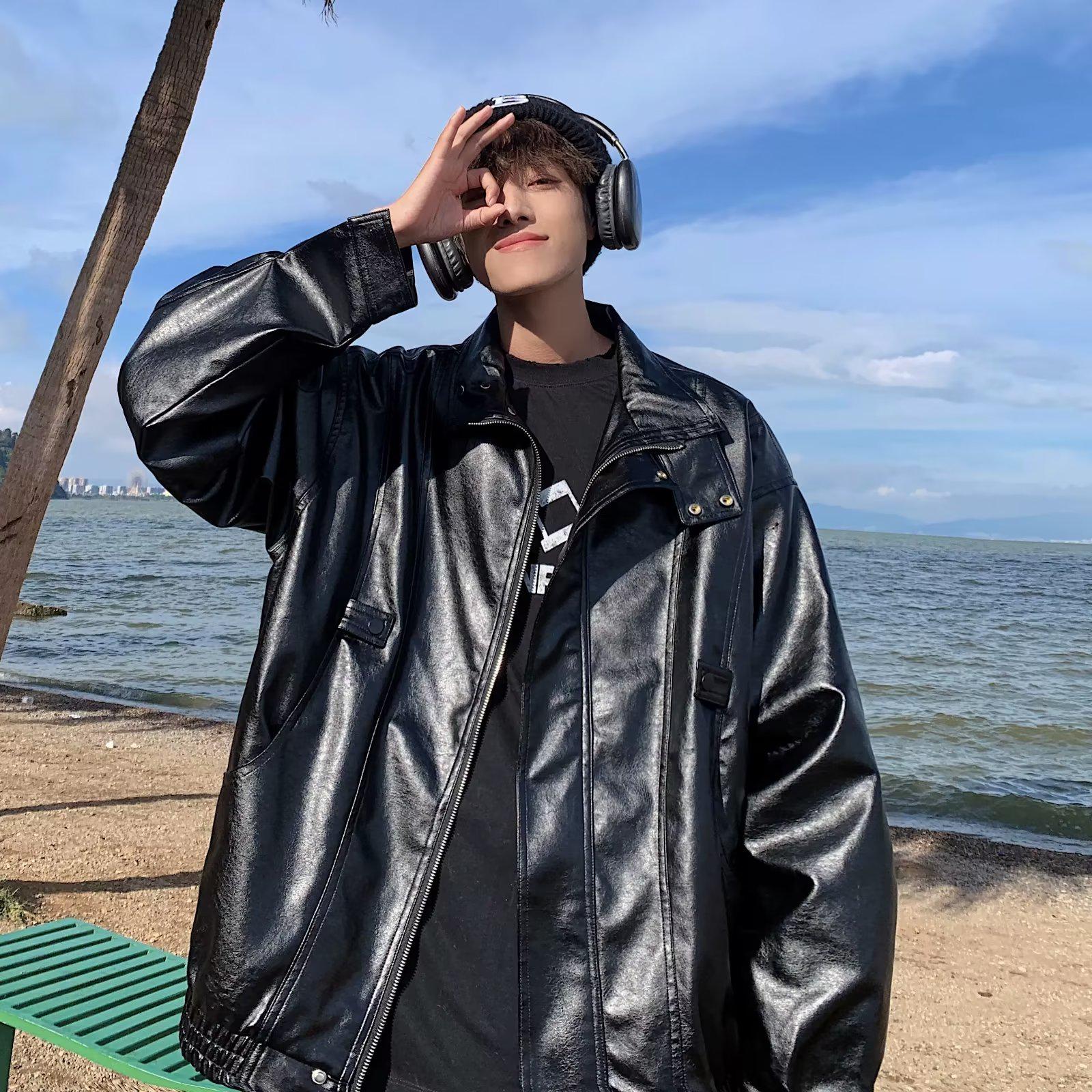 

Мужская куртка из высококачественной искусственной кожи с воротником-стойкой - повседневная ретро-мода на весну/осень L чёрный