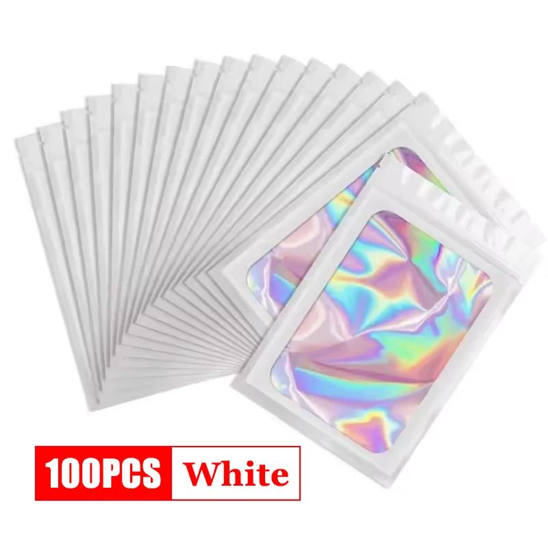

500Pcs Holographic Ziplock Bags Plastic Laser Iridescent Zip Bags for Manicure Eyelash Display Earrings Ring Jewelry Storage Bag 100PCS&6x10 білий