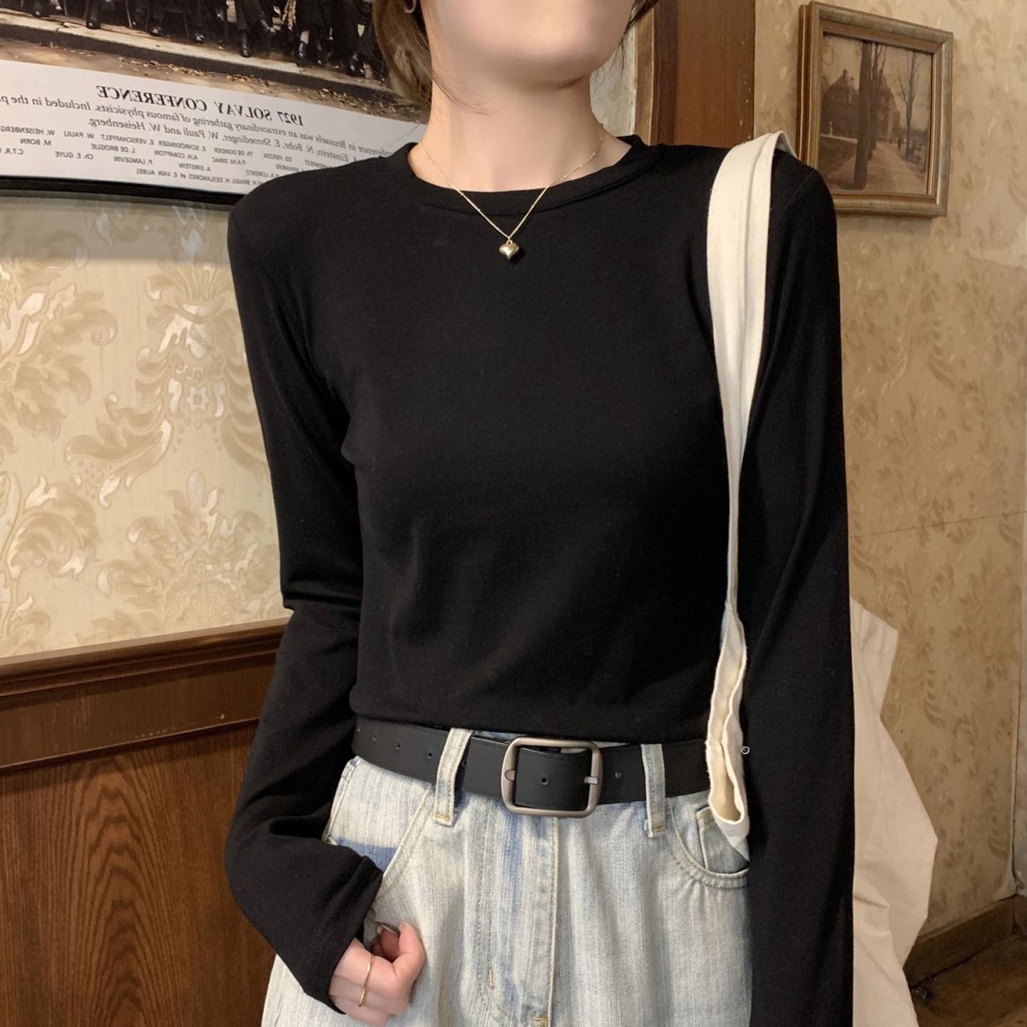

Women s Grey Round Neck Slim-Fit Long-Sleeve Cotton Top - Autumn/Winter Base or Outer Layer L чёрный