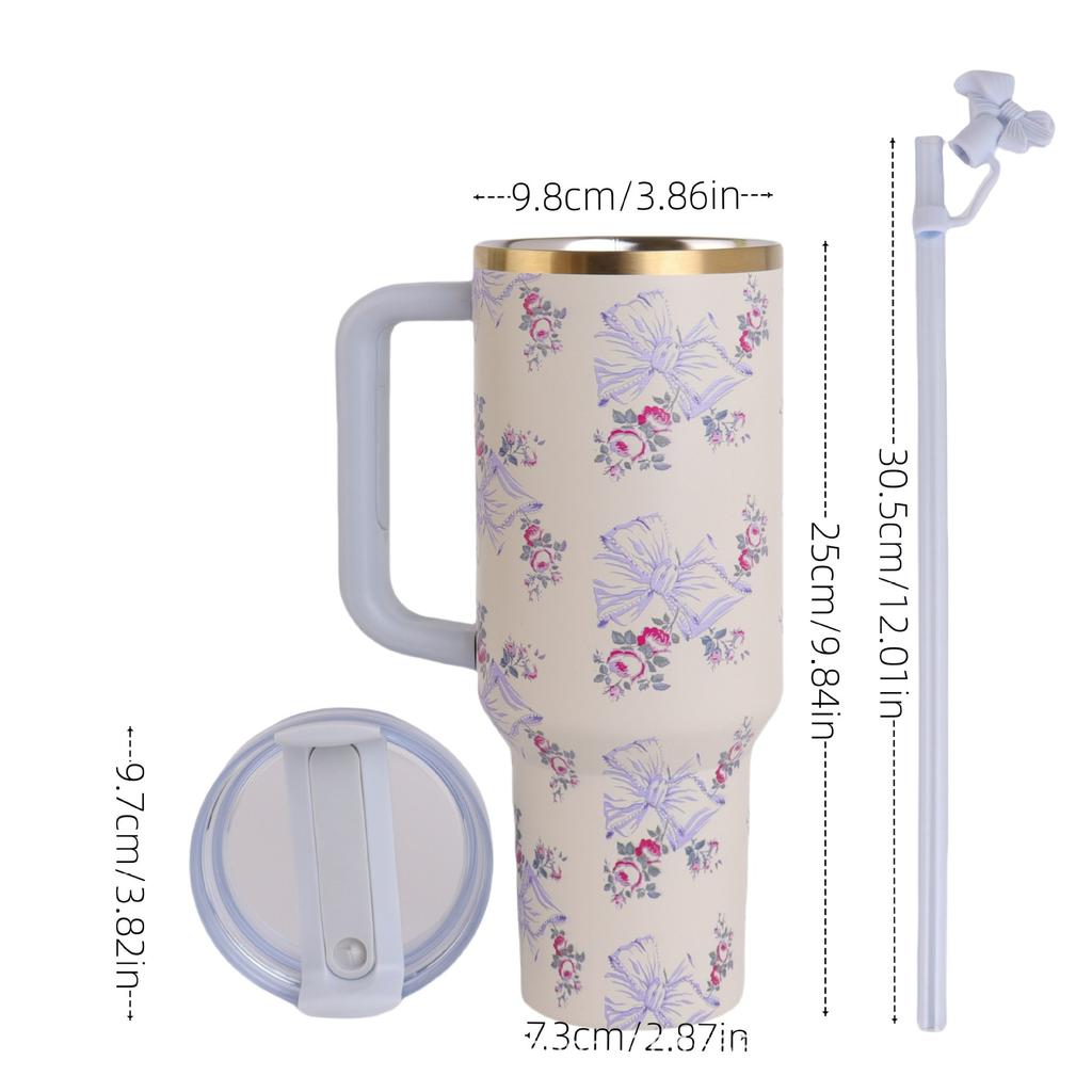 Taza Bingba de 40 oz Serie Flor Impresión 3D Doble Asa para Coche Acero Inoxidable 304 Taza para Coche