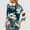 Women's Fashion Casual Floral Print V-Neck Decorative Button Three-quarter Sleeve T-Shirt Top
