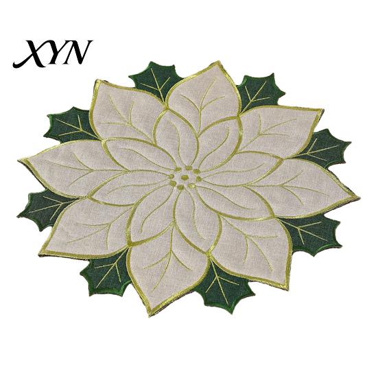 Seasonal Tableware for Kitchen Christmas Floral Leaf Placemat Dining Table, Decorative Polyester Fabric Table Reusable Linens Mats with Festive Leaves