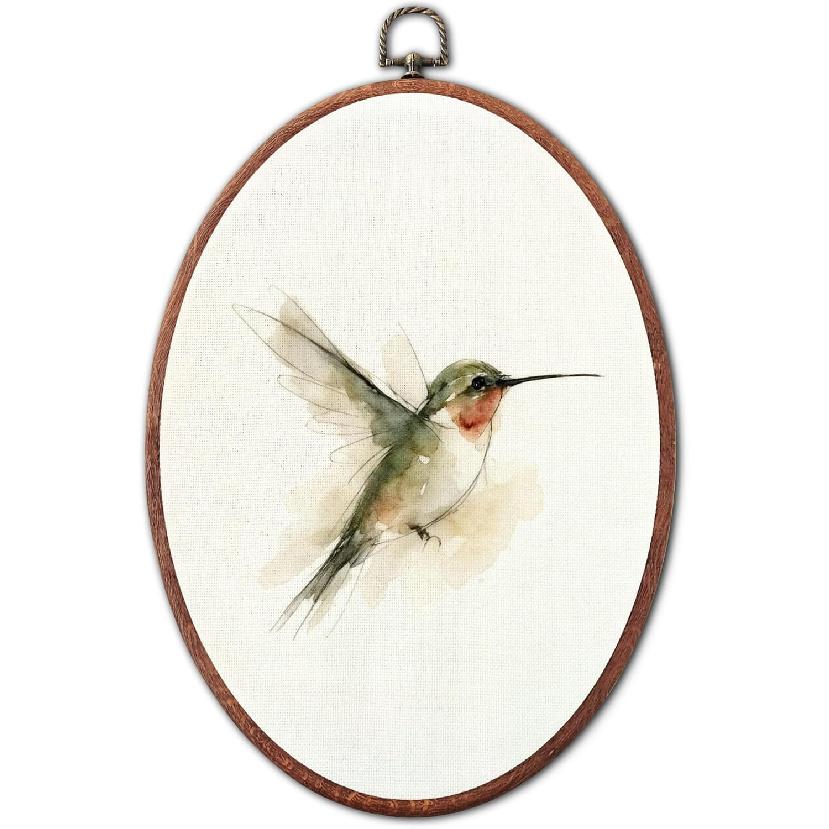 XSTWLJ Vintage Hummingbird Wall Art Decor, Floral Botanical Bird Canvas Art Framed, Elegant Cottagecore Oval Wall Hanging Decorations for Home