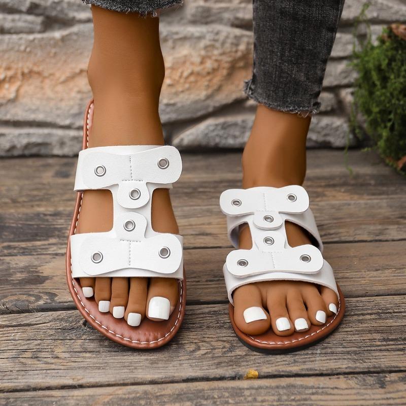 Large size lightweight open-toed flat-bottomed slippers women wear one-word retro beach cool slippers slippers