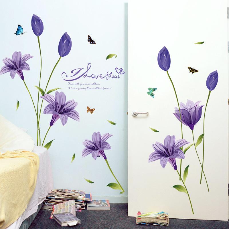 Purple Lily Flower Wall Sticker Self Adhesive Decal for Living Room Bedroom TV Background Home Decoration