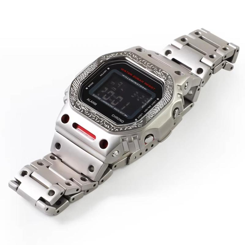 For Casio Small Square GW-M5610DW5600 Series Modified Tiger Rock Pattern Relief Mech Metal Case Strap Watch Trendy Accessories