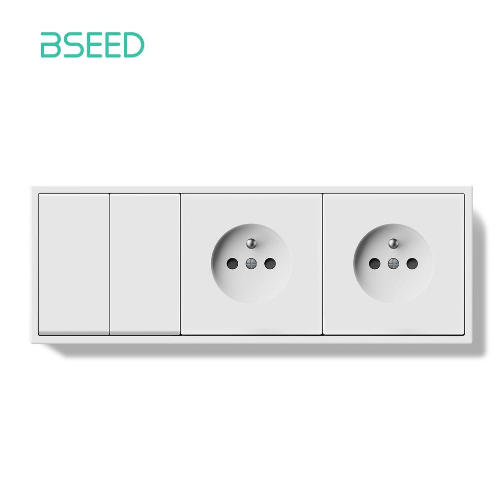 BSEED 1/2Gang Mechanical Button Light Switch 1/2Way Wall Switches Plus French Sockets Power Outlets Plastic Panels White Series