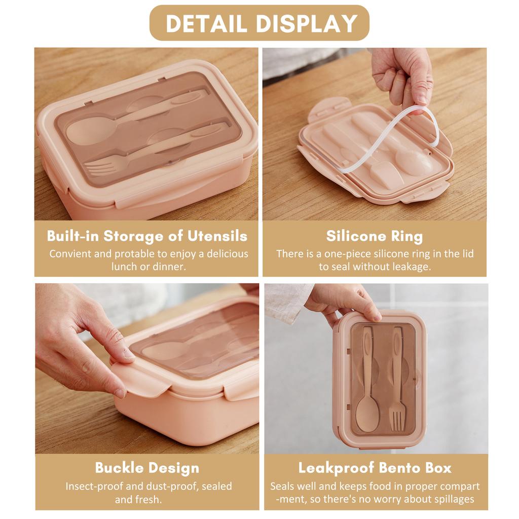 1400ML Plastic Lunch Box With Fork and Spoon 3 Compartment Single-layer proof Reusable Crisper Portable Sealed Box for Adults Kids Home Scho