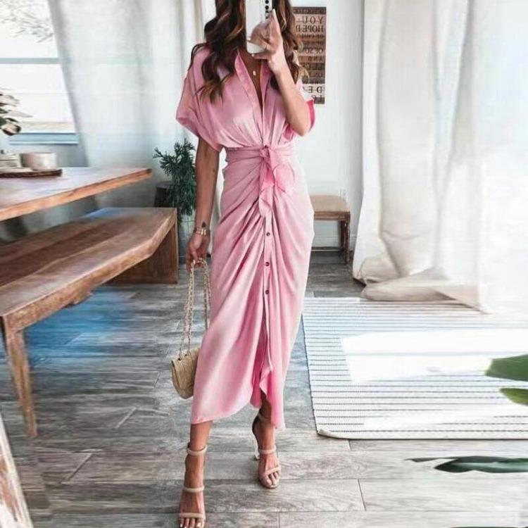 Fashion Women Elegant Turn Down Collar Shirt Dress Summer Short Sleeve with Slit Party Office Ladies Dresses