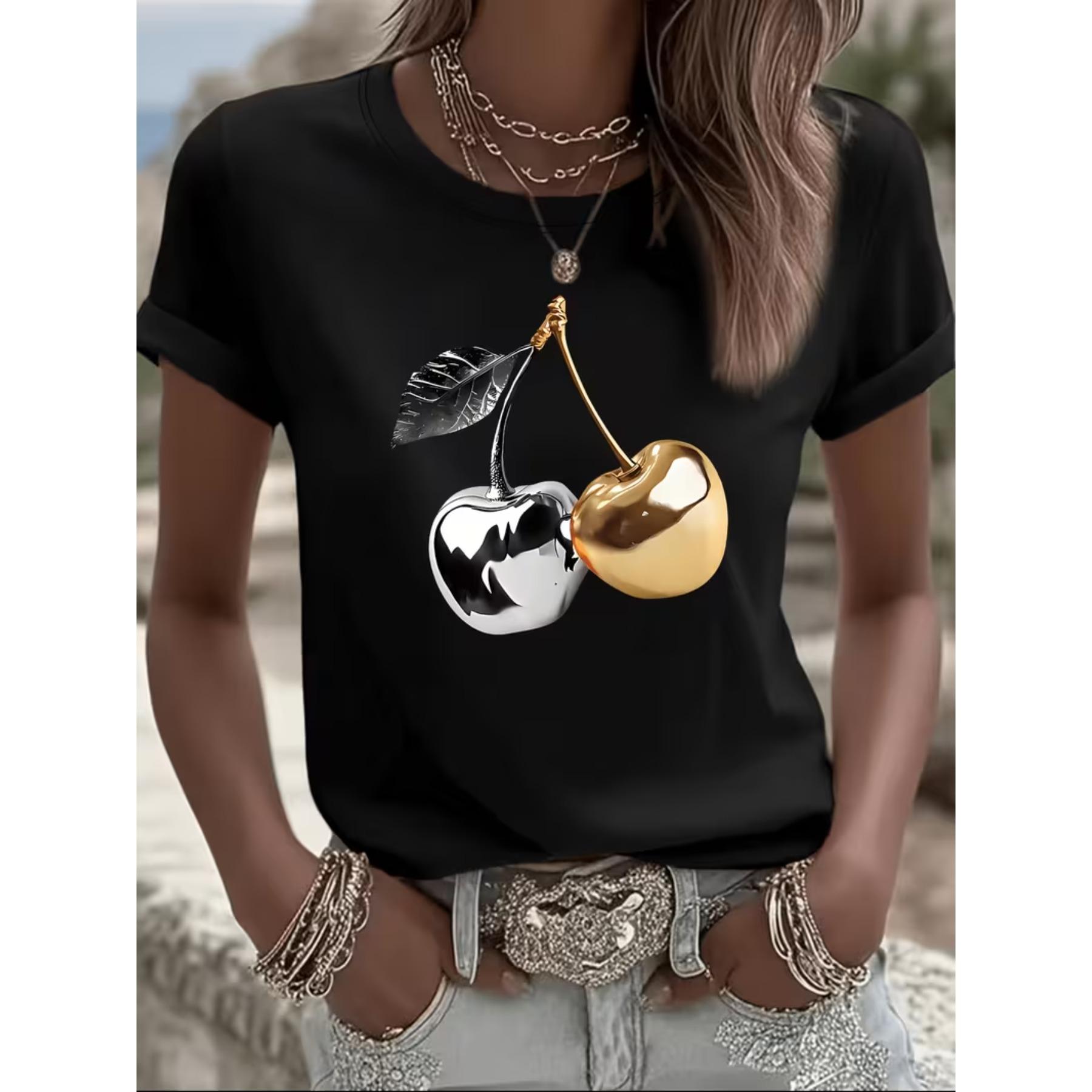 

Women s Short-sleeve Round Neck T-shirt with Cherry Fruit Print, All-season Comfortable Casual Fashion Top XXL