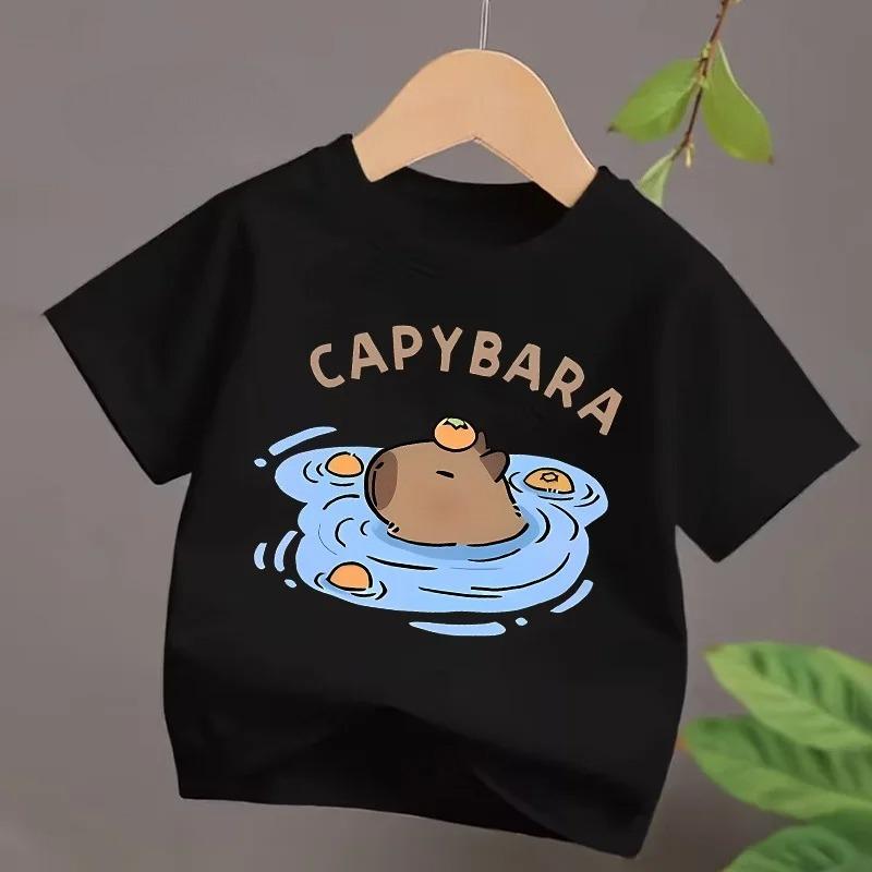 4 To14Y Girls Casual Capybara Print Short Sleeve T-Shirt 2026 New Cute Spring Summer Y2k Children's Crew Neck Tee Tops
