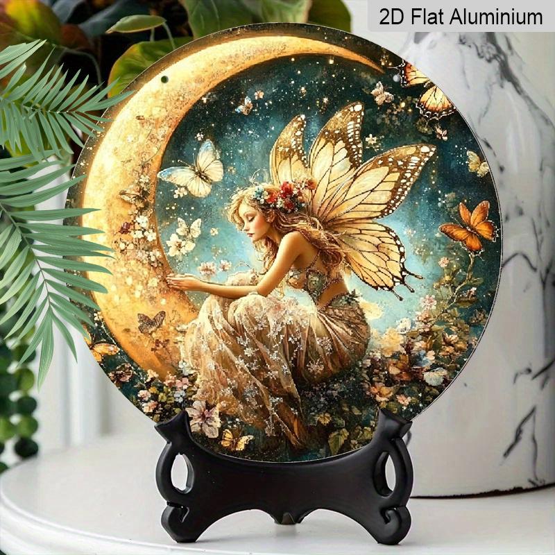 2D Flat, 1pc Enchanted Fairy On Crescent Moon Aluminum Wall Art - Whimsical Butterfly Amp; Floral Design, HD Printed Round Metal Sign for Home Decor