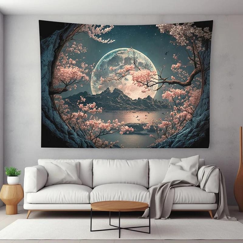 Sakura Tapestry Cherry Blossom Starry Night Moon Mountain Wall Hanging Fairycore Aesthetic Decor Bedroom Art Cloth