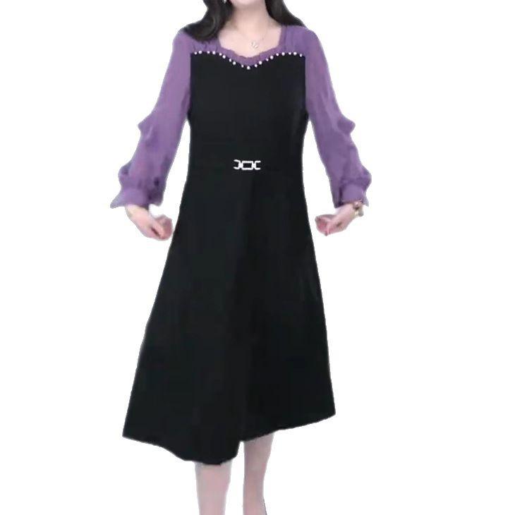 Elegant French Chiffon Plus Size Slimming Long Sleeve Dress for 30-Year-Old Moms - Spring/Summer Collection