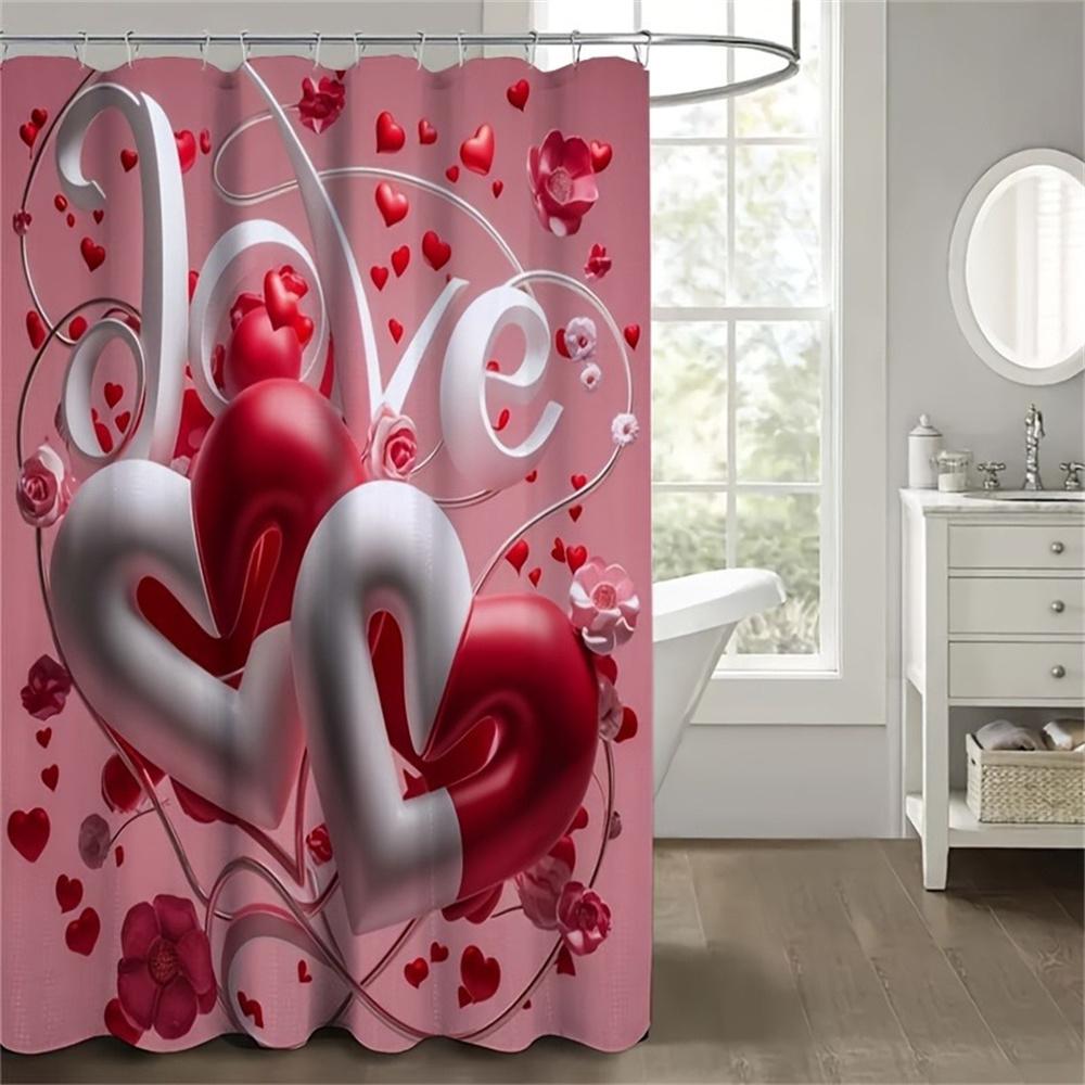 4pcs Red And White Heart Pattern, Valentine's Day Bathroom Set, Waterproof Barrier Shower Curtain, with 12 Hooks, Non Slip Bath