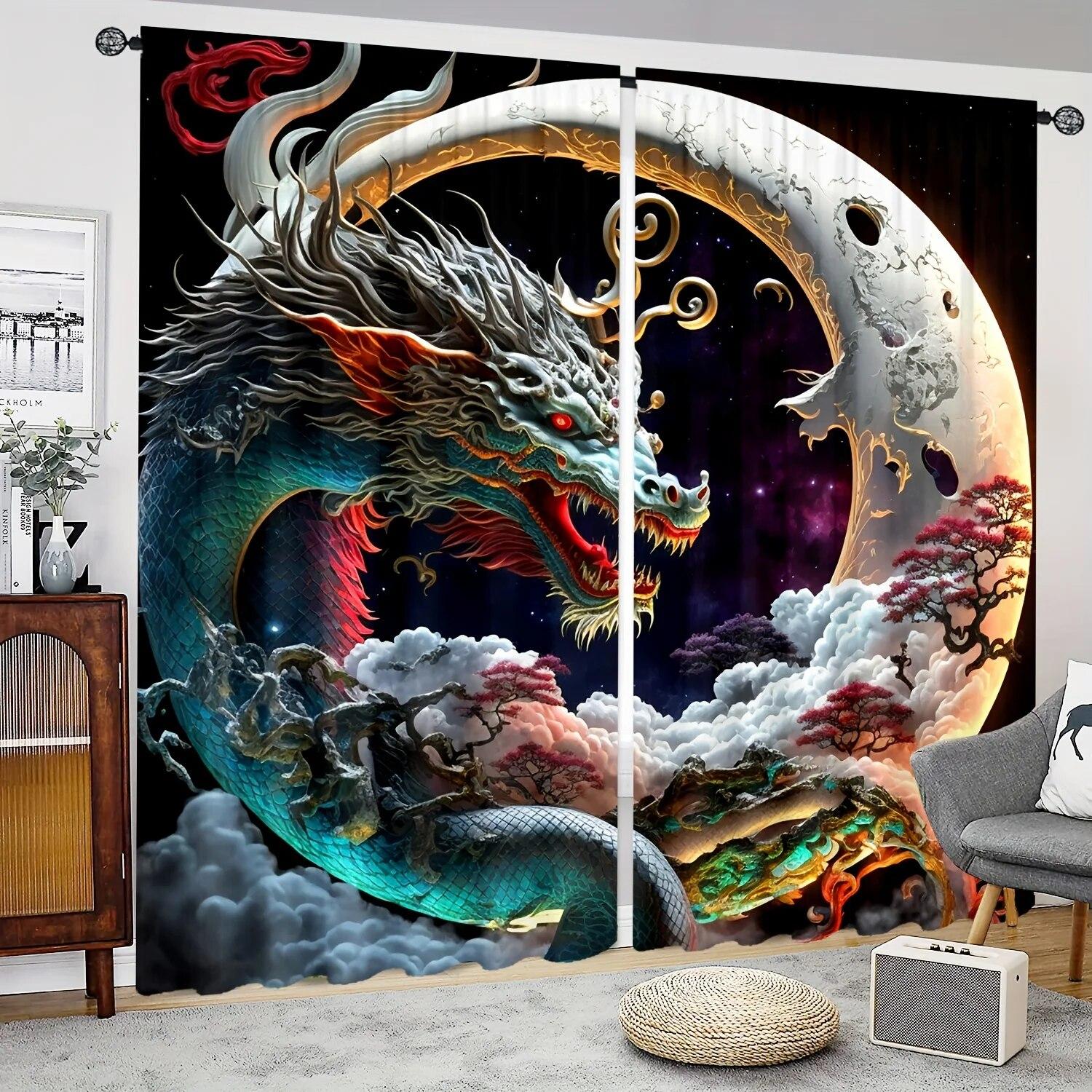 

2 шт. HD цифровые печатные шторы для гостиной, карманные шторы, черный Тай Чи, золотой, серебристый, занавеска с принтом дракона для спальни W85xH200(CM)x2PCS-Grommet Top