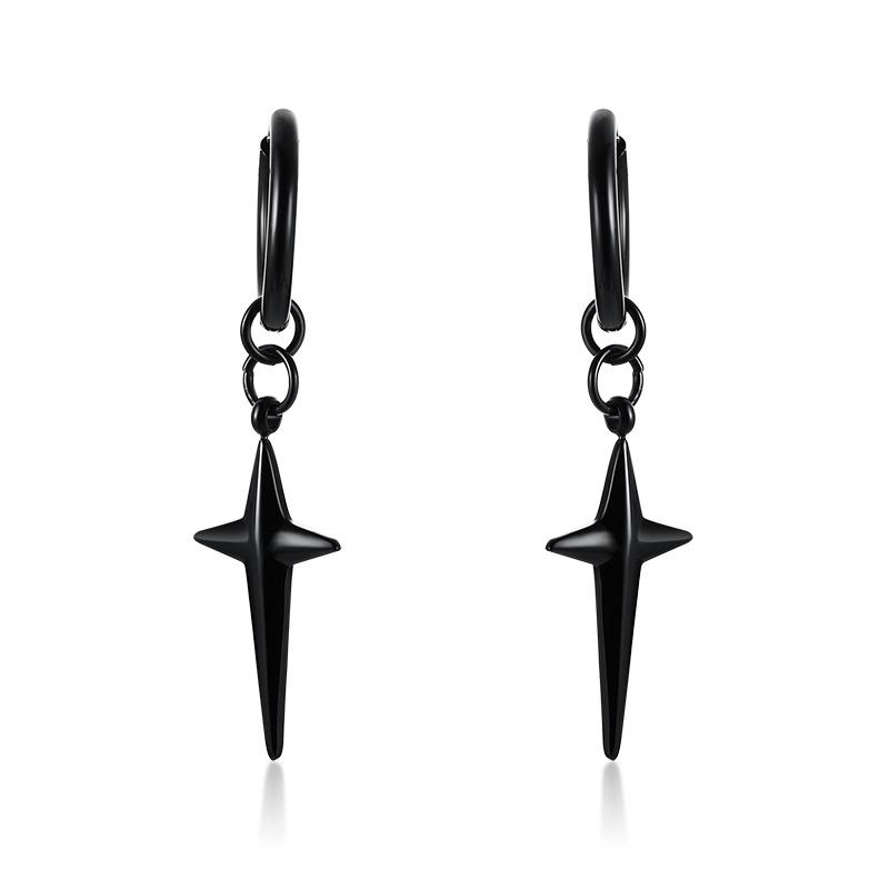 Stainless Steel Four Pointed North Star Huggie Hoops Earrings for Men Piercing or No Piercing Cross Jewelry Gift for Her Him