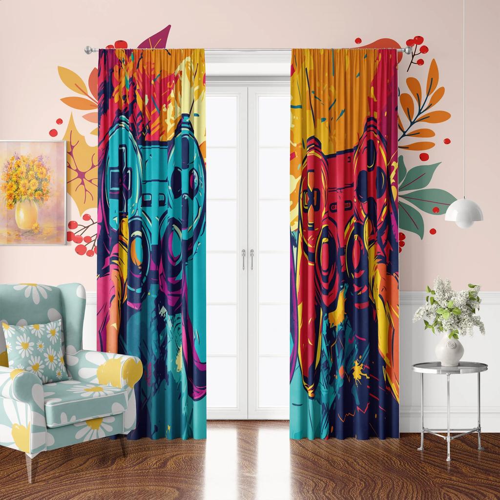 JIT 2pcs Abstract Gamepad Pattern Curtains   Design Drapes   Polyester Rod Pocket Curtain for Home Decor  Window Treatments.
