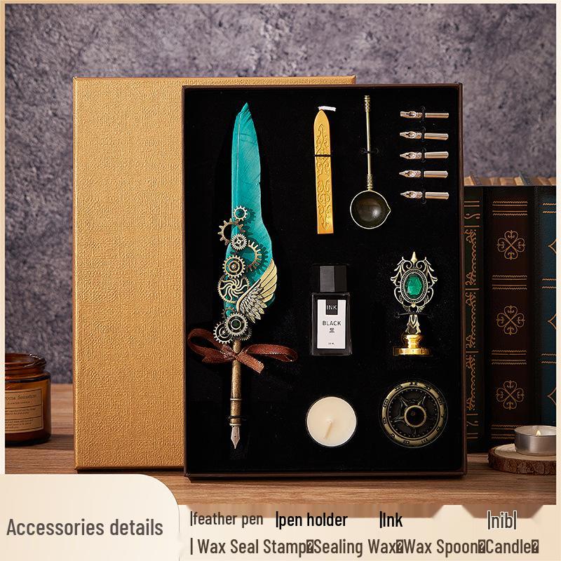 Set stilou cu peniță din pană retro european, cu stil punk mecanic și sigiliu cu ceară - Cadou ideal de ziua de naștere