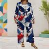 Women Plus Size Round Neck Long Sleeve Printed Eagle Red White Blue Layered Top Wide Leg Pants Two Piece Set