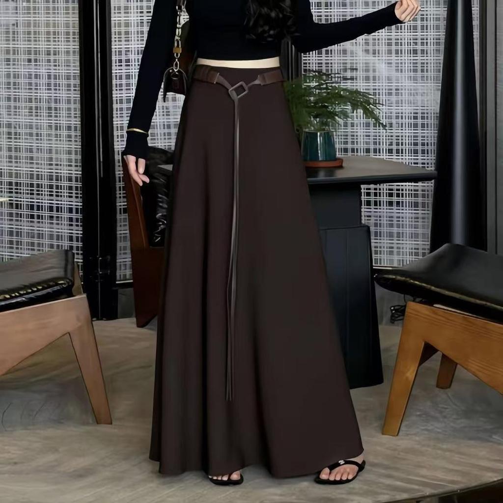 Elegant High-Waisted A-Line Maxi Skirt with Belt for Women – Autumn 2025