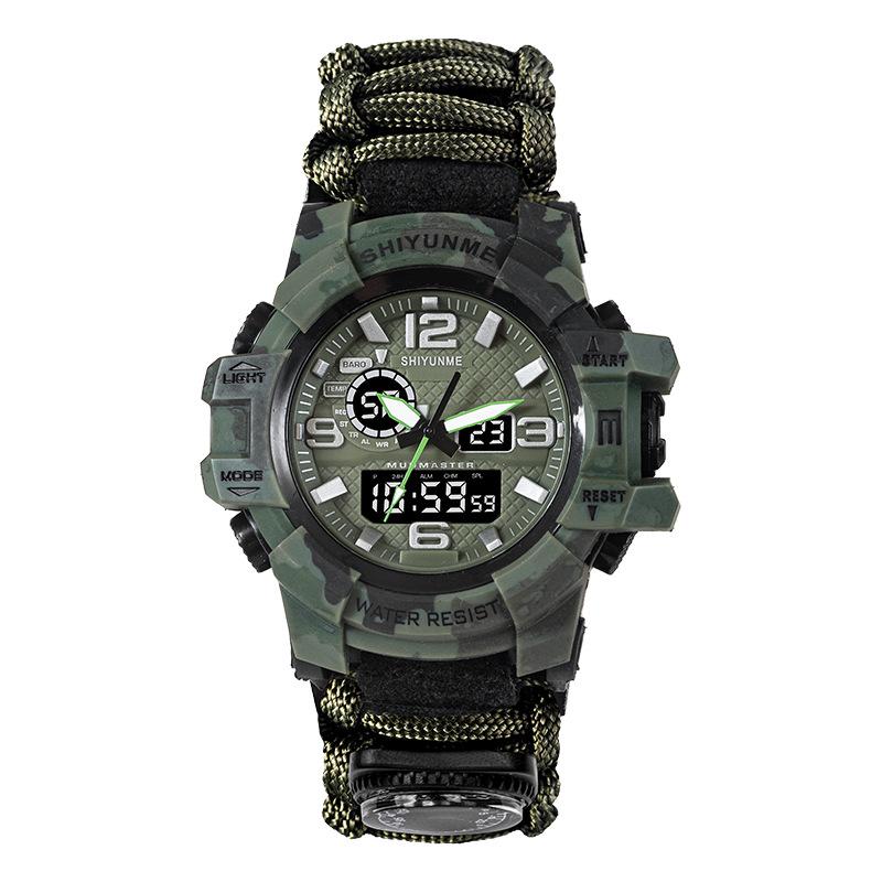 

Мужские наручные часы для выживания на открытом воздухе с двойным дисплеем, спасательной веревкой, огнивом, свистком и компасом