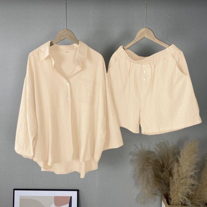 Summer Cotton and Linen Solid Color Shirt Two-piece Shorts Fashion Women's Suit