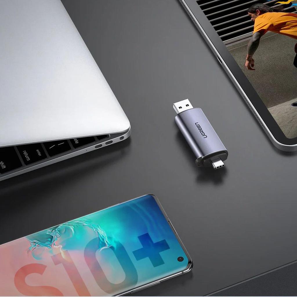 Ugreen CM185 Dual-Port USB-A/C 3.0 Card Reader for SD & microSD - Gray