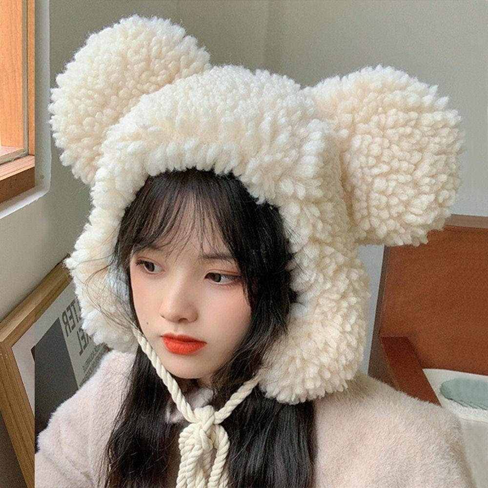 Cute Bear Ears Bomber Hats Cashmere Cycling Cap Fashion Windproof Cap  for Women