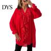 Loose Fit Women Top Shirt V-Neck Long Sleeve Ruffle Trim Chiffon Single Comfortable Blouse Breasted Solid Color Regular Casual Tops