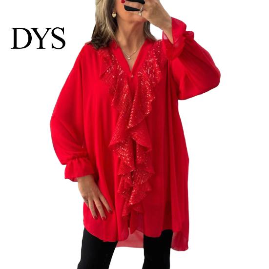 Loose Fit Women Top Shirt V-Neck Long Sleeve Ruffle Trim Chiffon Single Comfortable Blouse Breasted Solid Color Regular Casual Tops
