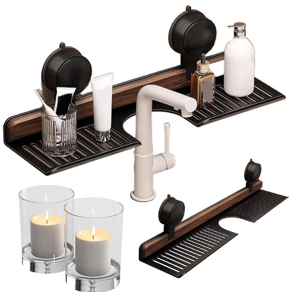 Walnut Finish Suction Cup Bathroom Shelf Wall Mount Shower Shelf Over Faucet Sink Rack  Bathroom