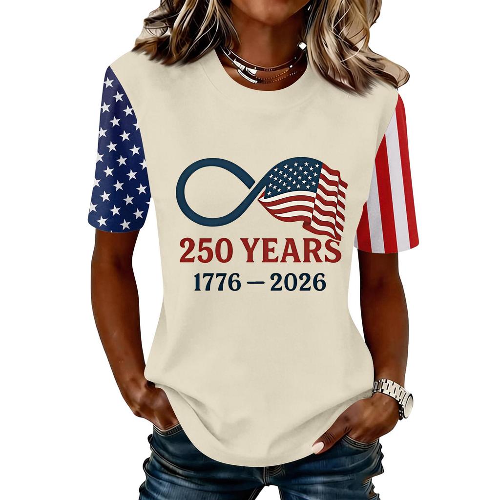 Blusa Feminina da Moda Casual de Manga Curta com Estampa e Gola Redonda