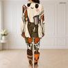 Women Plus Size Halloween Printed Two Piece Pants Set Half Zip Long Sleeve Top And Long Pants