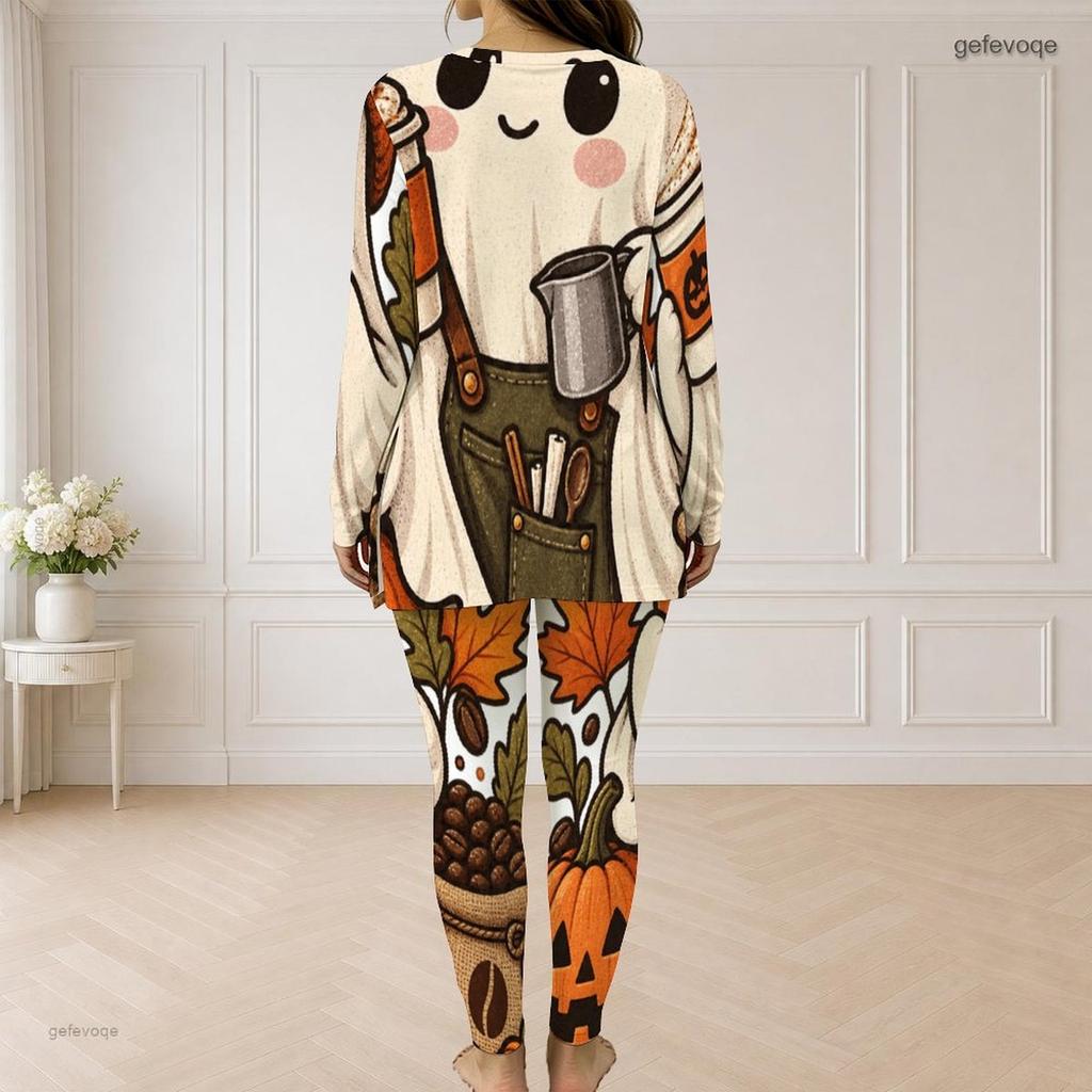 Women Plus Size Halloween Printed Two Piece Pants Set Half Zip Long Sleeve Top And Long Pants