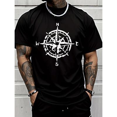 Taglie Europee T-shirt Casual da Uomo a Maniche Corte con Stampa Grafica Bussola | Stile Street alla Moda Trendy, Girocollo, Leggermente Elastica, Traspirante