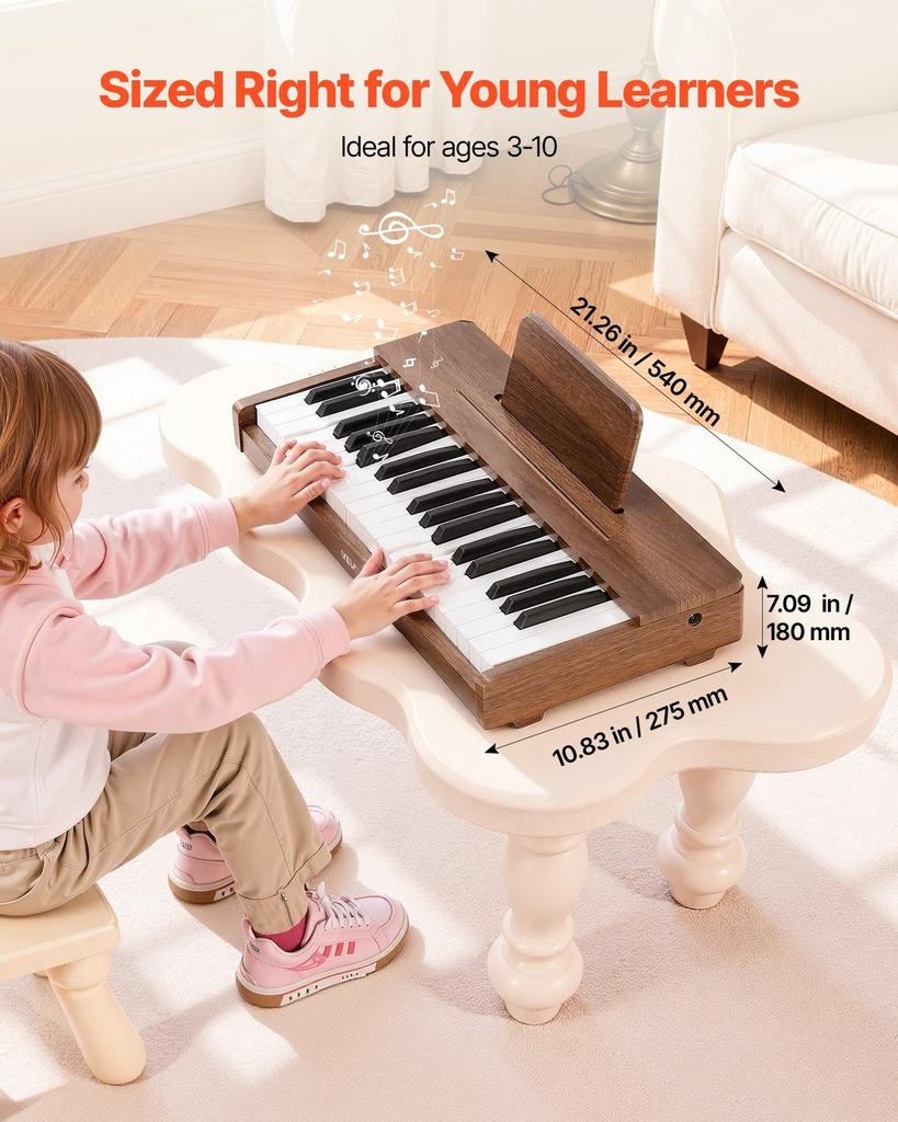 Kids Piano Keyboard, 37 Keys Wooden Digital Piano for Kids, Mini Music Educational Instrument Toy with Realistic Sound, Dual Power, Adjustable Volume