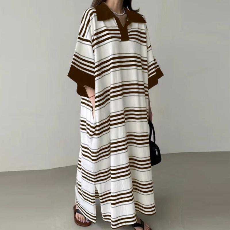 

ZANZEA Women Summer Shirt Collar Striped Short Sleeve Dresses 4XL коричневый