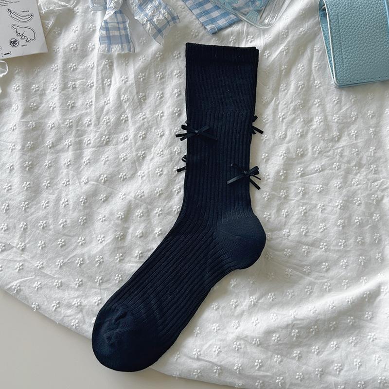 Ballet Style Solid Color Bow Mid Tube Socks Summer Cotton Lightweight Breathable Fashionable Soft Comfortable Casual Women Socks