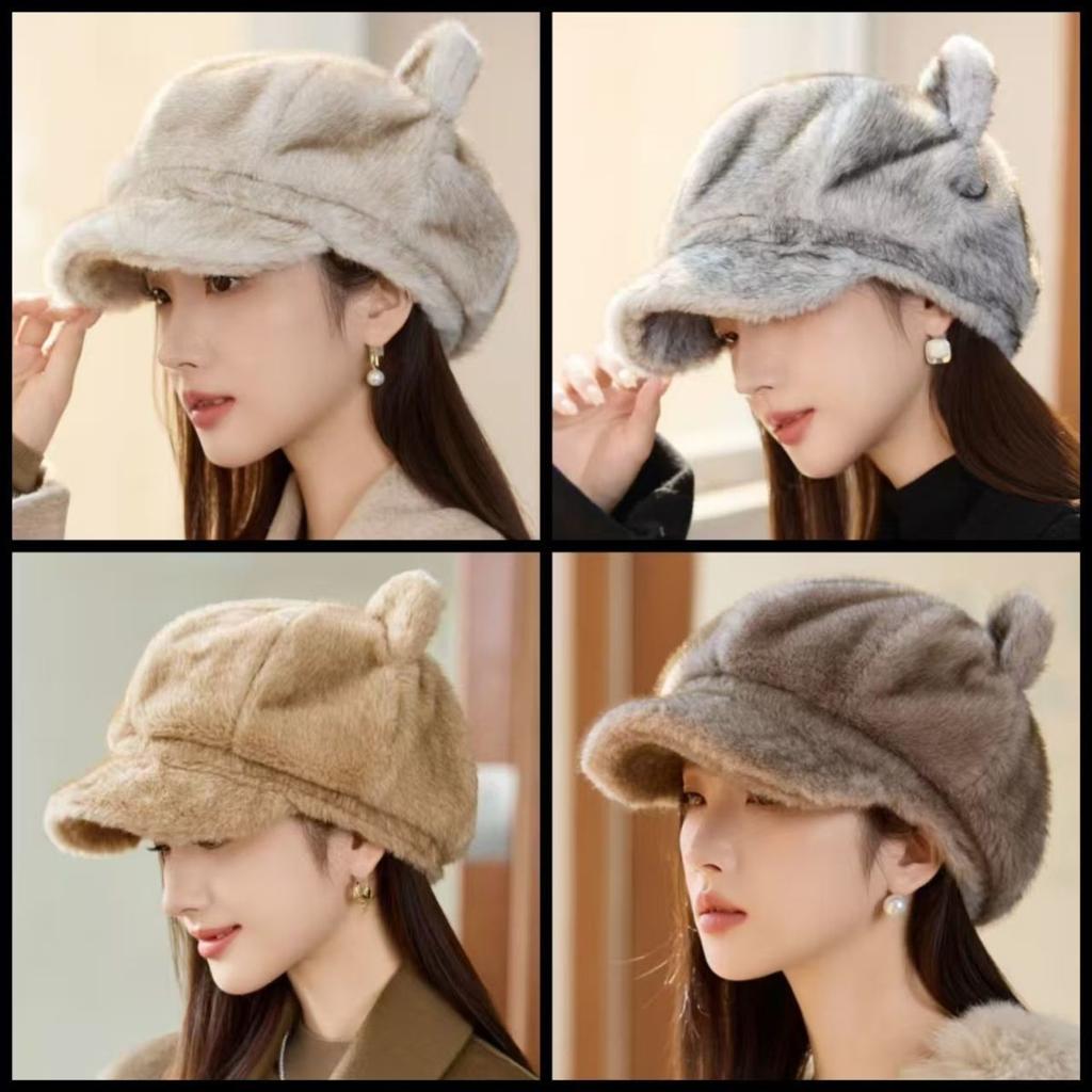 New Style Rabbit Fur Octagonal Hat Women's Fashionable Plush Hat Cat Ear Thermal Cap Wide-Circumference Head Wrap