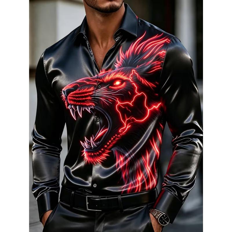 Men's Pink Floral Half Contrasting Fake 3D Printed Pattern Long Sleeved Shirt with Hanging Collar Top Clothing
