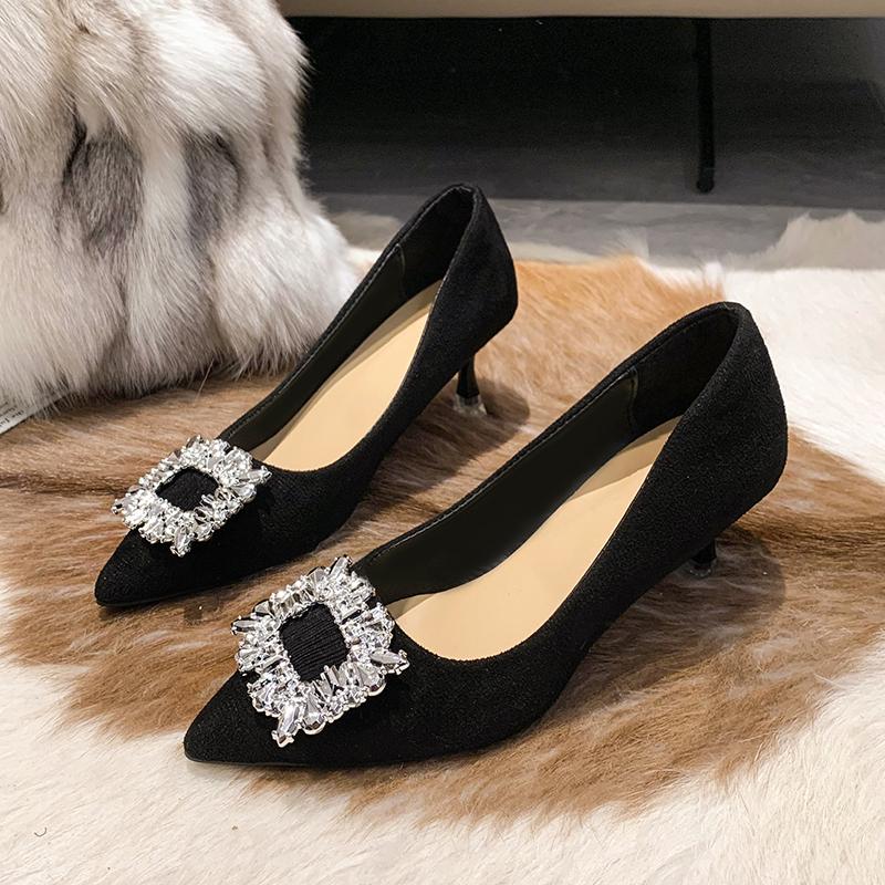 Autumn New Thin Heel Shoes Women's Fashion Pointy Shallow Mouth Suede Crystal Buckle Non-slip High Heels