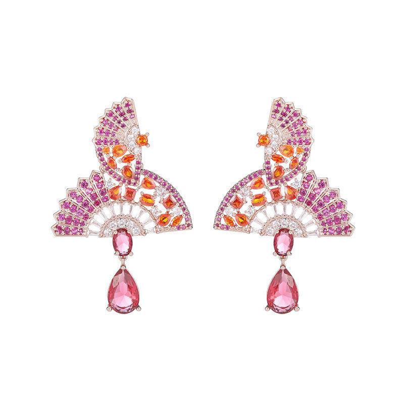 New retro court fan-shaped water drop earrings women's Chinese folding fan light luxury niche design personalized earrings