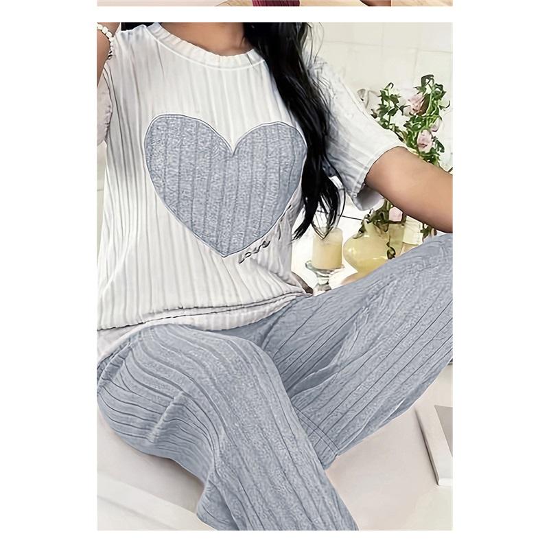 Love Heart Soft Skin Friendly Comfortable Home Wear 2 Piece Set Sleepwear Nightdress For Women Cozy Holiday Leisure Wear