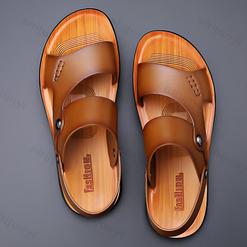 Men's Casual Sandals Summer New Breathable Fashion Outdoors Beach Shoes Anti-slip Open-toe Double-sided Soft Leather Slippers