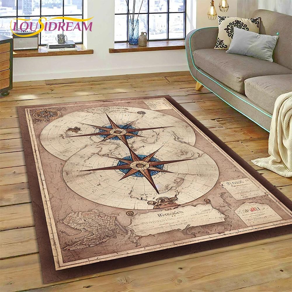 3D Ancient Nautical Chart World Map Compass Carpet Rug for Bedroom Living Room Sofa Decoration,Child Game Large Decor Floor Mat